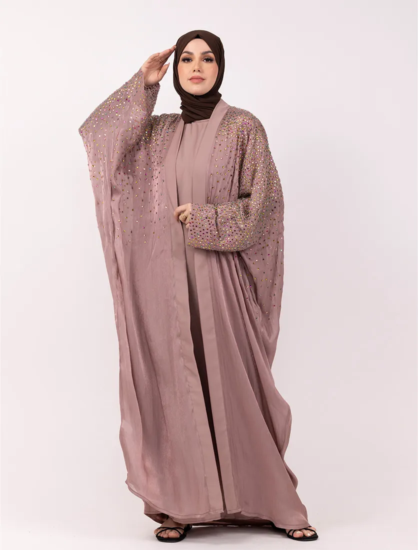 Pink Multi Crystal Embellished Sheer Overlay Abaya